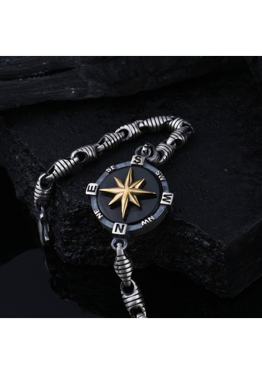 Fkgümüş 925 Ayar Gümüş Oniks Taşlı Pusula Erkek Bilekik Gümüş