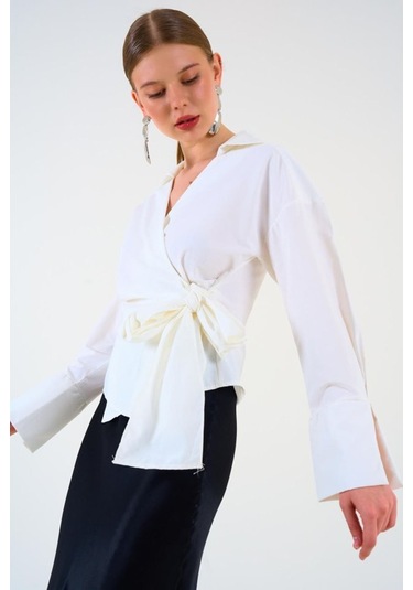 Düz Yandan Bağlamalı Gömlek - Ekru Ekru