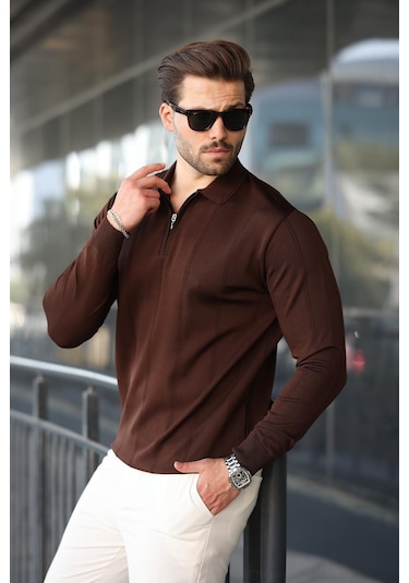 Kahverengi Polo Yaka Fermuarlı Erkek Kazak E7427 Kahverengi