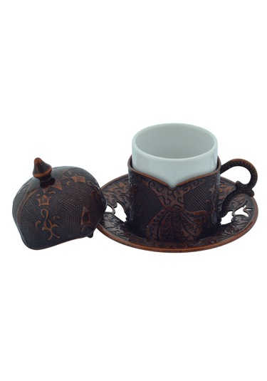 Semazen 6 Kişilik Porselenli Kapaklı Bakır Renkli 24 Parça Fincan Seti Bakır