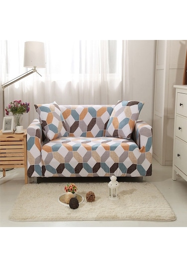 Sones Çift Kişilik Dört Mevsim Baskılı Tam Kapsama Elastik Kaymaz Kanepe Örtüsü Renkli Geometri