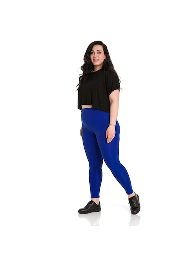 Büyük Beden Beli Lastikli Bilek Hizasında İndigo Bayan Tayt