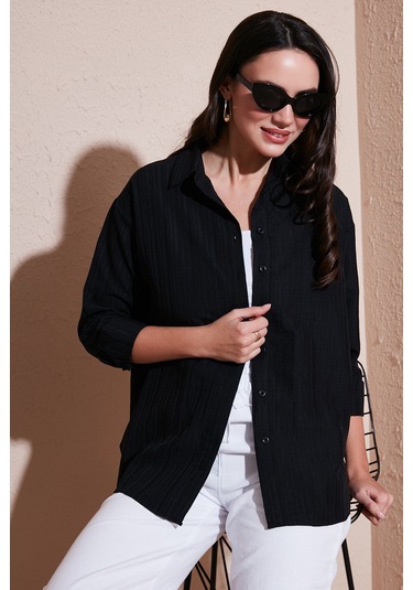Lela Regular Fit Uzun Kollu Dokulu Bayan Gömlek 6772799 Siyah