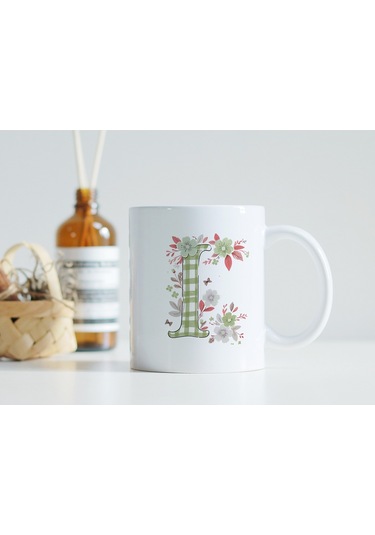 I Harfli Çiçek Desenli Kupa Bardak - Ekose Desenli Yeşil Pembe Desenli Tasarım - Kişiye Özel Hediye Beyaz