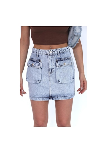 Zeo Basic Kargo Cepli Mini Skirt Mavi- Buz
