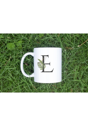 E Harf Zarif Yaprak Desenli Kupa Bardak - Naturel Sade Alfabe Harfli Bardak - Kişiye Özel Hediye Beyaz
