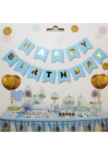 Mavi Zemin Happy Birthday Gold Banner