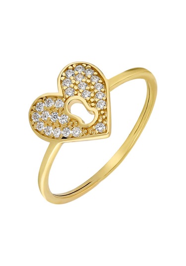 Zirkon Taşlı Kalbimin Kilidi Tasarım Gold Renk 925 Ayar Gümüş Bayan Yüzük Beyaz