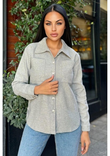 Gri Uzun Kol, Çift Cepli, Eteği Oval Kesim, Kaşe Gömlek Ceket Gri