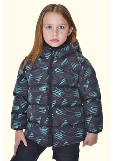 Kız Çocuk Dijital Desen Polar Su Ve Rüzgar Geçirmez Kapüşonlu Şişme Kışlık Mont Siyah - Yeşil