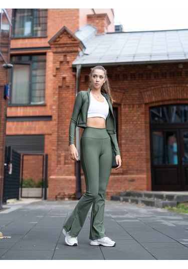 Haki Yeşil Yırtmaçlı İspanyol Paça Spor Tayt