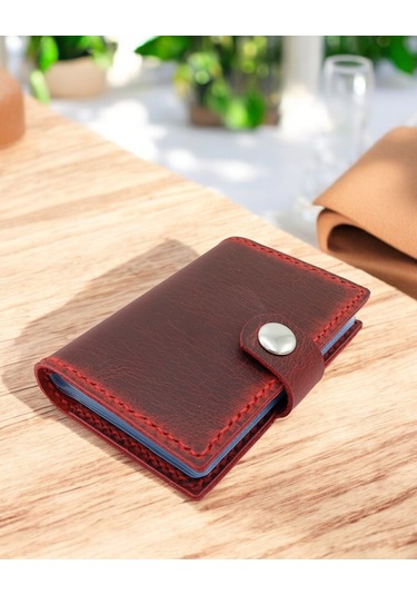 Cronder Hakiki Deri Şeffaf Bölmeli Kartlık Cüzdan Kırmızı