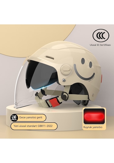 Yy SQ668 Kulak Muhafızları Çift Ayna Kuyruk Işık Açık Motosiklet Kaskı Bej