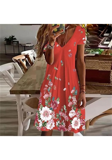 Kırmızı Yaz Moda V Yaka Elbise Bayanlar Kısa Kollu Kırmızı Çiçekler Baskılı Elbise Gevşek Gündelik Elbise Kadınlar İçin