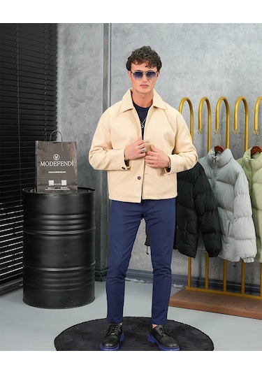 Modefendi Orta Slim Fit Düğme Detaylı Kaşmir Kaban Bej