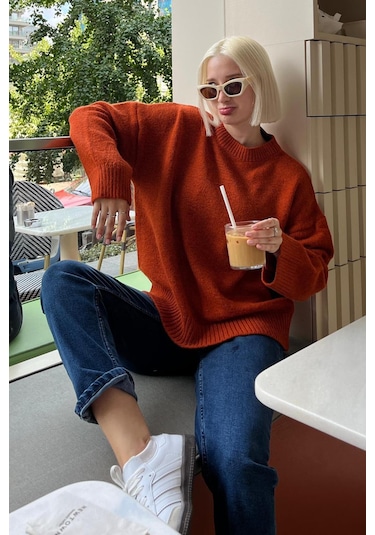 Kiremit Bisiklet Yaka Oversize Triko Kazak Mg1972 Kiremit