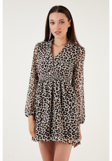 Lela V Yaka Regular Fit Gipeli Düğme Detaylı Şifon Mini Bayan Elbise 611El01433 Leopar Lela V Yaka Regular Fit Gipeli Düğme Detaylı Şifon Mini Bayan Elbise 611El01433 Leopar