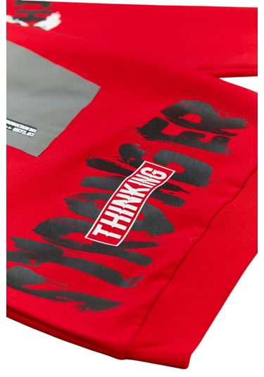 Erkek Çocuk Önü Arkası Stronger Yazı Desenli Fermuar Cepli Kırmızı Sweatshirt Kırmızı