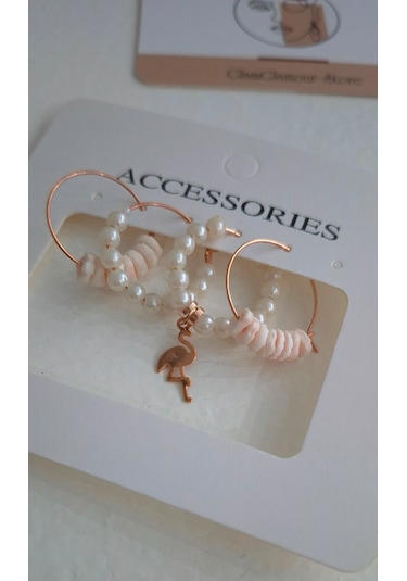 Rose Flamingo Gerçek Mercan Dörtlü Küpe Set Rose