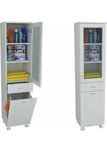 Lake Banyo Boy Dolabı Çamaşr Sepetli Pleksi Cam Beyaz