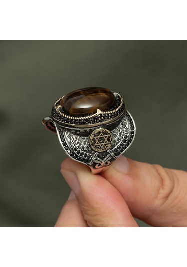 Kaplan Gözü Taşlı Süleyman Mührü 925 Gümüş Erkek Yüzük Beyaz