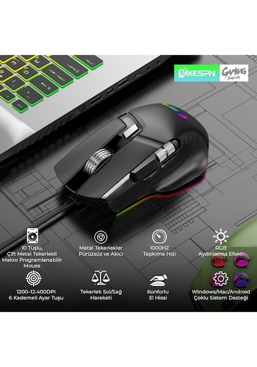 Mkespn X13 Gaming Mouse Kablolu 12400 Dpi 10 Tuş Makro Rgb Oyuncu Mouse Siyah