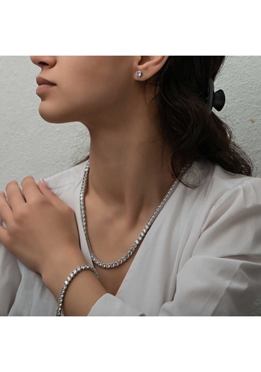 Blackcraft Gümüş 5 Mm Beyaz Taşlı Su Yolu Kadın Set Bc-08fc54 Beyaz