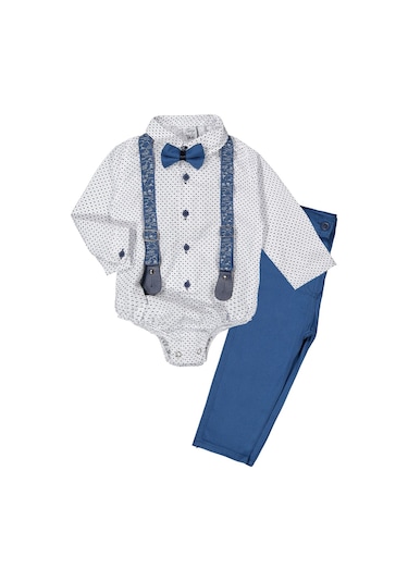 Gömlekli Alttan Çıtçıtlı Gabardin Pantolonlu Pamuklu Bebek Takım İndigo
