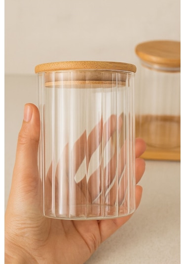 Qerhome Borosilikat Cam Bambu Stantlı Ve Bambu Kapaklı Optik Çizgili Baharatlık Seti 430 Ml Alg11520 Beyaz
