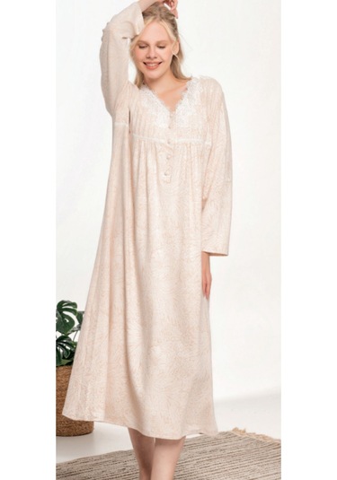 Bone 6130 Mikro Pamuk Penye Uzun Kol Gecelik V1 Bej