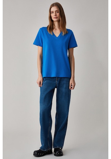 ALINE Kadın %100 organik Pamuk Derin V Yakalı Comfort Fit Parlament Mavi T-Shirt