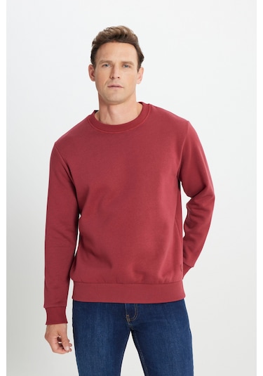 AC&Co / Altınyıldız Classics Erkek Bordo Standart Fit Normal Kesim İçi Polarlı Bisiklet Yaka Sweatshirt Bordo