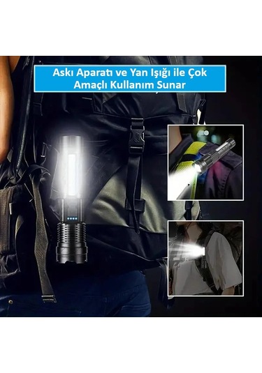 Valkyrie Şarjlı 7 Modlu Ultra Güçlü Led El Feneri Çakarlı Çok Fonksiyonlu Zoom 1500mah Siyah