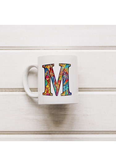 M Harfi Bardak 330 Ml İsme/harfe Özel Hediye, Renkli Harf Tasarım Beyaz