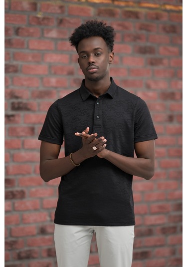 Advante Regular Fit Likralı Kendinden Desenli Polo Yaka T-shirt Siyah