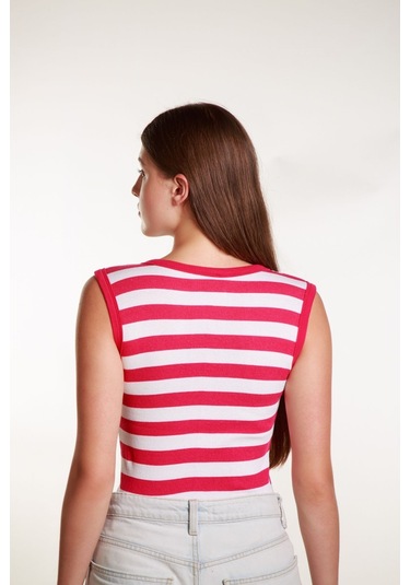 Kadın Pempebeyaz Çizgili Fitilli Likralı Sıfır Kol Bisiklet Yaka Örme Atlet Tshirt Bluz Pembe - Beyaz