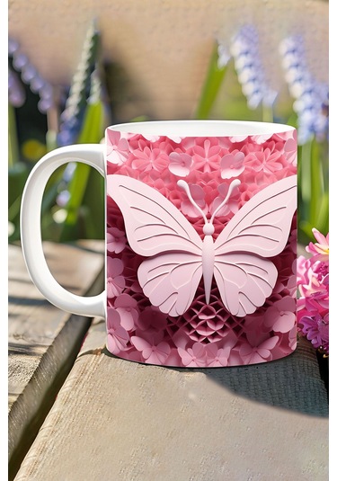 3d Görünümlü Pembe Çiçek Ve Kelebekler No:16 3d Tasarım Baskılı Kupa Bardak Mug Pembe