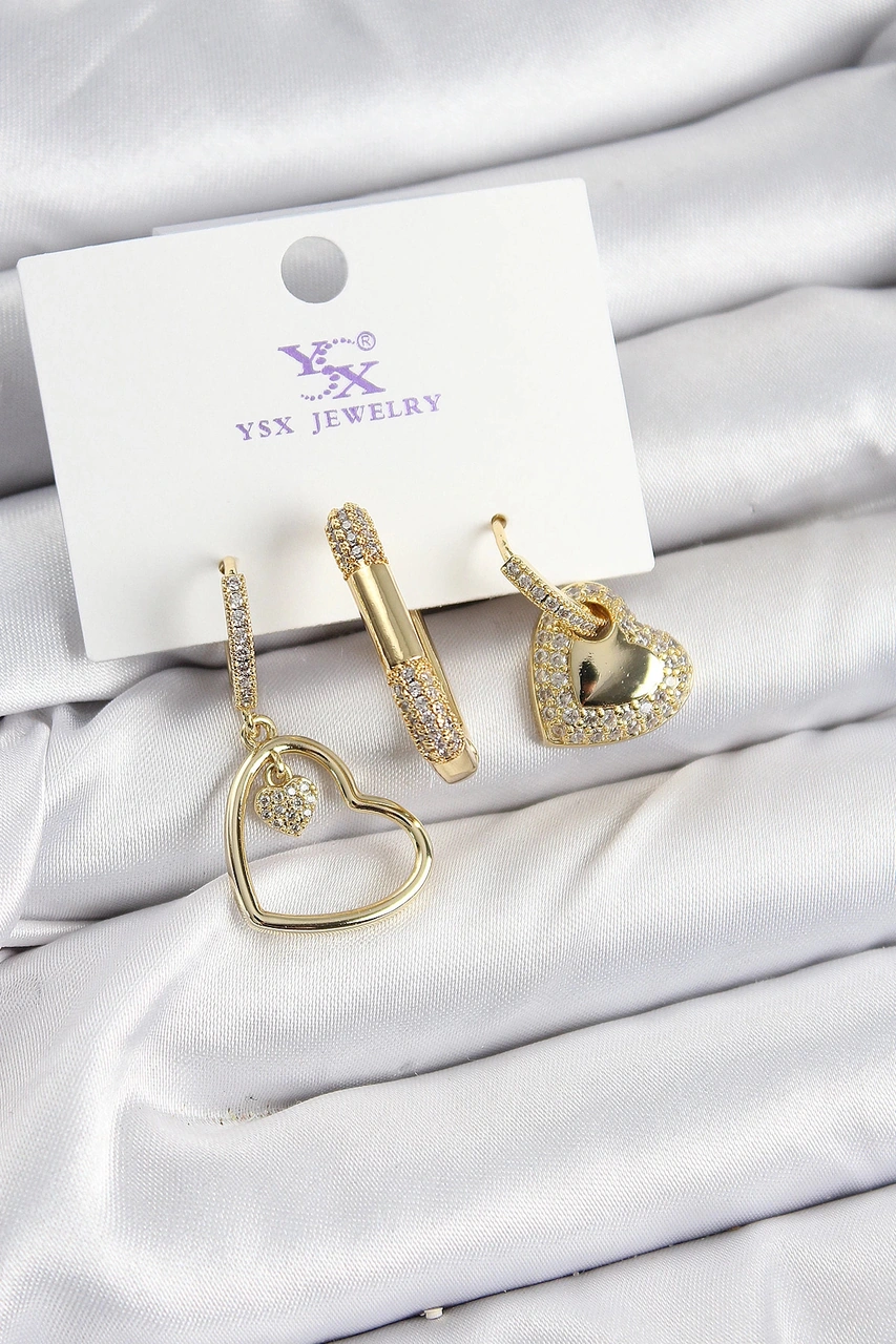 Dodes Dodes Pirinç Zirkon Taşlı Kalp Model Gold Renk 3'lü Kadın Küpe Tg27bkp10948 Çok Renkli