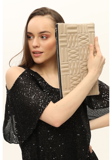 Morpelikan Bej Zigzag Clutch Kadın Portöy Çanta Bej