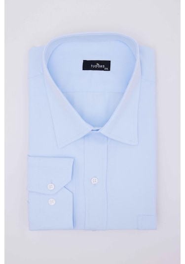 Tudors Büyük Beden Uzun Kollu Kolay Ütü Kravatlık Armürlü Pamuklu Mavi Erkek Gömlek-31283-mavi Mavi