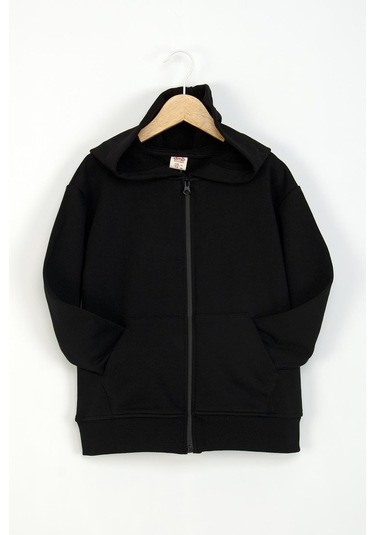 Kız Erkek Şardonlu Kapüşonlu Fermuarlı Kolej Hırka Ceket 9647 Siyah