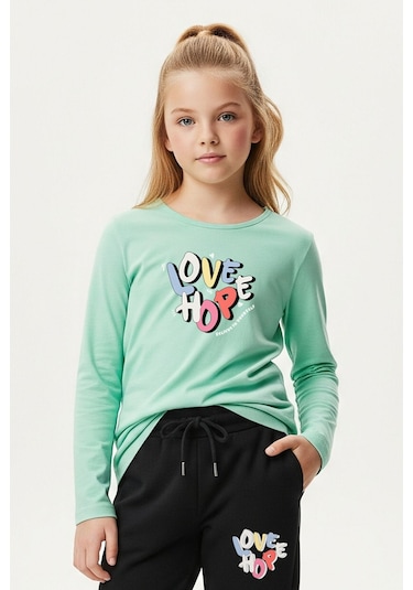 Yuvarlak Yaka Love Baskılı Kız Çocuk Alt-üst Takım Su Yeşili
