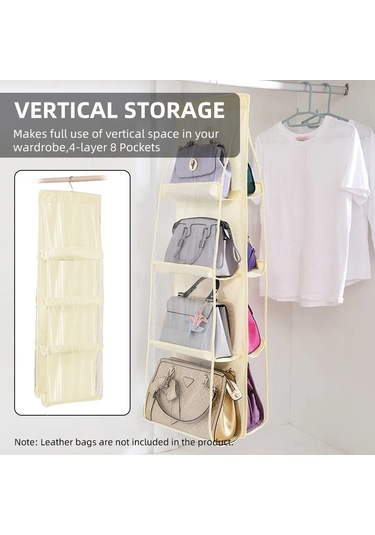 Hfambition Bej 4 Katlı 8 Cepli Çanta Düzenleyici, Duvar Takılı Gardırop Organizasyonu, Transparent Pencereli, Dayanıklı Non-woven Malzeme İle Çanta Saklama Çantası Bej