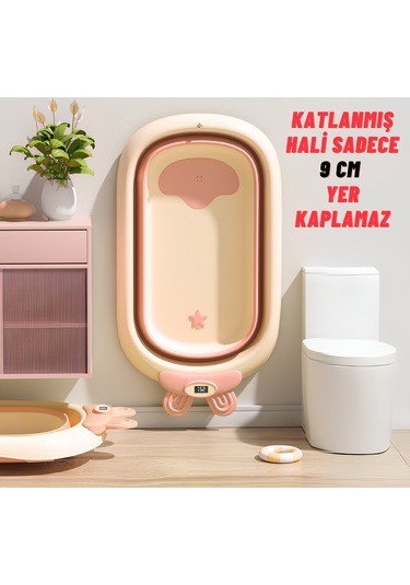 Katlanabilir Termometreli Bebek Küveti Filesi Bebek Havuzu Pembe