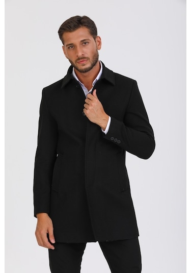 Erkek Siyah Dar Kesim Yün Karışımlı Kaşe Gömlek Yaka Palto Kaban-Siyah