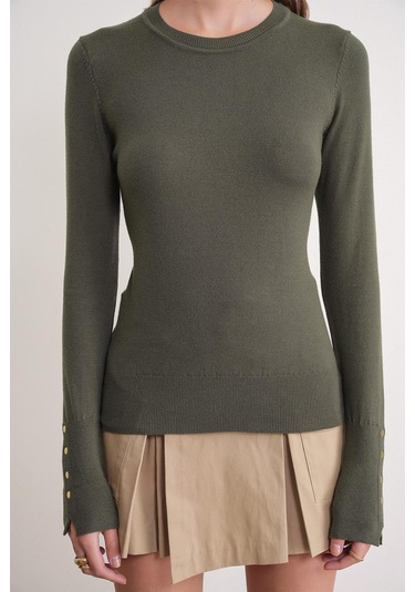 6736 Kadın Bisiklet Yaka Kolu Droplu Triko Kazak Haki Haki