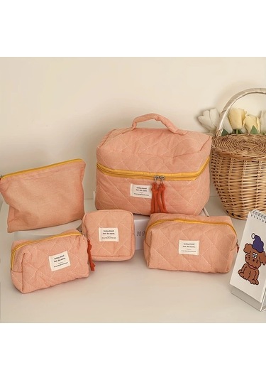 Fochsia Mavi Klasik Ekose Beş Parça Set Çanta Makyaj Çantası Kalemlik Coin Purse Ahşap