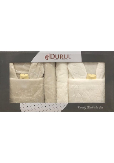 Durul Antik Kısmi Kadife Pamuklu 8 Parça Aile Bornoz Seti Bej
