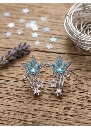 Dükkan Design Taşlı Kuyruklu Yıldız Küpe Gümüş - Açık Mavi