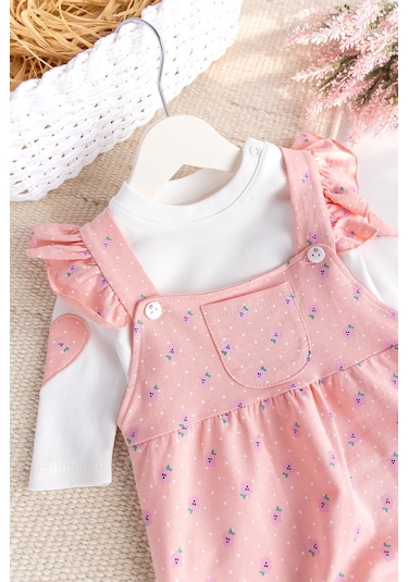 Çiçekli Fırfırlı 100% Pamuk 2'li Kız Bebek Salopet Tulum Set Somon